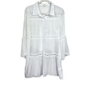 Elan Women Sz L White Sheer Button Down Lace Detail Tunic Dress Cottagecore Boho